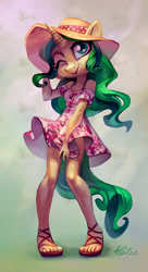 Size: 1653x3031 | Tagged: safe, artist:holivi, derpibooru import, oc, oc only, anthro, plantigrade anthro, unicorn, clothes, commission, dress, feet, female, hat, legs, looking at you, mare, one eye closed, sandals, solo, wink