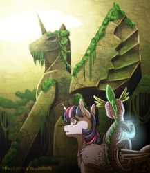 Size: 1024x1178 | Tagged: safe, artist:inuhoshi-to-darkpen, derpibooru import, spike, twilight sparkle, twilight sparkle (alicorn), alicorn, dragon, pony, dragons riding ponies, duo, female, lantern, male, mare, riding, ruins, scenery, statue, story in the source