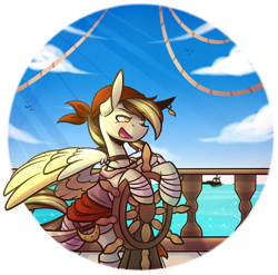 Size: 944x931 | Tagged: safe, artist:ak4neh, derpibooru import, oc, oc only, oc:akane, pegasus, pony, female, mare, pirate, pirate ship, solo