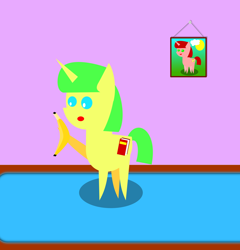 Size: 1994x2076 | Tagged: safe, artist:alltimemine, derpibooru import, oc, oc:glowink, oc:paper clip, pony, unicorn, ask, ask the filly from russia(paper clip), banana, cutie mark, female, food, horn, inkscape, mare, open mouth, pointy ponies, smiling, solo, tumblr, vector