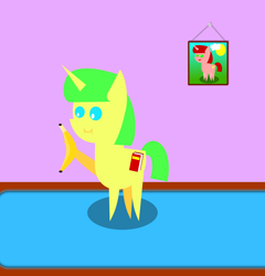 Size: 1994x2076 | Tagged: safe, artist:alltimemine, derpibooru import, oc, oc:glowink, oc:paper clip, pony, unicorn, ask, ask the filly from russia(paper clip), banana, cutie mark, female, food, horn, inkscape, mare, open mouth, pointy ponies, smiling, solo, tumblr, vector