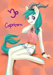 Size: 2149x3035 | Tagged: safe, artist:nebbia11, derpibooru import, anthro, unguligrade anthro, blouse, bracelet, capricorn, clothes, female, hair tie, horns, jewelry, looking at you, ponyscopes, ponytail, shorts, sitting, smiling, solo, zodiac