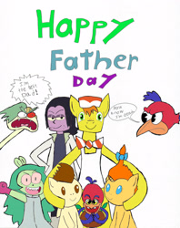 Size: 2515x3182 | Tagged: safe, artist:pokeneo1234, derpibooru import, carrot cake, pound cake, pumpkin cake, crossover, cuphead, father's day, fink, lord boxman, mr. cakes, obligatory pony, ok ko let's be heroes, professor venomous, wally warbles, wally warbles jr.