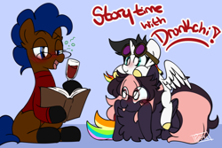 Size: 1024x686 | Tagged: safe, artist:silverknight27, derpibooru import, oc, oc only, oc:keychi, oc:lightning bliss, oc:silver rose, alicorn, earth pony, pegasus, pony, alcohol, book, clothes, female, glass, hoof hold, male, mare, rainbow tail, stallion, sweater, wine, wine glass