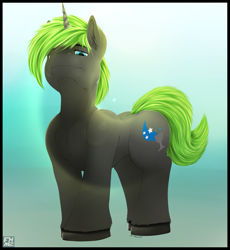 Size: 1297x1407 | Tagged: safe, artist:flareheartmz, derpibooru import, oc, oc:azure slash, unicorn, cutie mark, lighting, looking at you, male, solo, stallion, standing