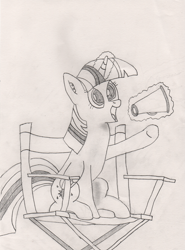 Size: 2441x3305 | Tagged: safe, artist:krafty kitsune, derpibooru import, twilight sparkle, twilight sparkle (alicorn), alicorn, atg 2018, chair, director, director's chair, glowing horn, megaphone, newbie artist training grounds, traditional art