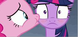 Size: 617x293 | Tagged: safe, derpibooru import, edit, edited screencap, screencap, pinkie pie, twilight sparkle, earth pony, pony, horse play, blushing, female, frown, kissing, lesbian, shipping, twinkie