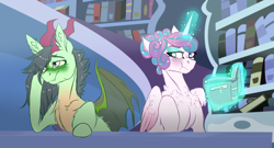 Size: 3096x1677 | Tagged: safe, artist:anyatrix, derpibooru import, princess flurry heart, oc, oc:dragonfly, hybrid, blushing, book, dragonling, interspecies offspring, magic, magical gay spawn, offspring, older, parent:spike, parent:thorax, parents:thoraxspike