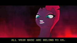 Size: 756x425 | Tagged: safe, edit, edited screencap, screencap, tempest shadow, pony, unicorn, my little pony: the movie, all your base are belong to us, broken horn, eye scar, horn, image macro, meme, scar, solo, zero wing