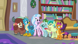 Size: 1280x720 | Tagged: safe, derpibooru import, screencap, gallus, ocellus, sandbar, silverstream, smolder, yona, changedling, changeling, classical hippogriff, dragon, earth pony, griffon, hippogriff, pony, yak, the hearth's warming club, bow, cloven hooves, dragoness, female, hair bow, jewelry, male, monkey swings, necklace, student six, teenager