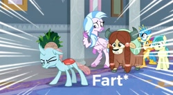 Size: 2224x1228 | Tagged: safe, derpibooru import, edit, edited screencap, screencap, gallus, ocellus, sandbar, silverstream, smolder, yona, classical hippogriff, griffon, hippogriff, school daze, fart, student six, wat