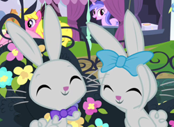 Size: 528x385 | Tagged: safe, derpibooru import, screencap, cherry berry, sea swirl, seafoam, earth pony, pony, rabbit, unicorn, filli vanilli, animal, background pony, bow, bowtie, cropped, cute, duo focus, eyes closed, female, hair bow, happy, mare, smiling