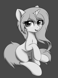 Size: 1904x2560 | Tagged: safe, artist:konyjay, artist:krash42, derpibooru import, pony, unicorn, female, mare, monochrome, open mouth, raised hoof, simple background, sitting, solo