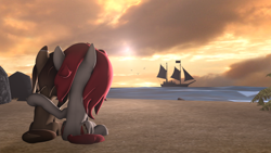 Size: 1024x576 | Tagged: safe, artist:okimichan, derpibooru import, oc, oc only, oc:claire, oc:red ace, pony, 3d, female, mare, ocean, ship, sitting, sunset