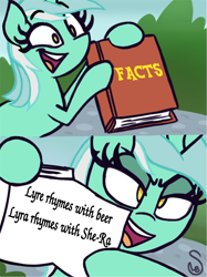 Size: 1014x1354 | Tagged: safe, artist:quarium edits, derpibooru import, edit, editor:fang, editor:redweasel, lyra heartstrings, pony, unicorn, 2 panel comic, bipedal, book, comic, ed edd n eddy, exploitable meme, female, glare, hoof hold, lidded eyes, lyra's fact book, mare, meme, op is a cuck, op is wrong, open mouth, pointing, smiling, smirk, solo, template, twilight's fact book, wide eyes