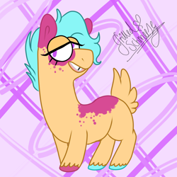 Size: 1000x1000 | Tagged: safe, artist:grilledschmeeze, oc, oc only, oc:melanie, deer, donkey, hybrid, blue hair, food, non-pony oc, orange, pink, purple eyes, solo