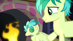 Size: 1280x720 | Tagged: safe, derpibooru import, screencap, sandbar, earth pony, pony, the hearth's warming club, button, doll, fire, fireplace, hearth's warming doll, male, teenager, toy