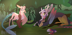 Size: 3232x1576 | Tagged: safe, artist:iheyyasyfox, derpibooru import, oc, oc only, oc:ophelia, oc:sofia, draconequus, hybrid, female, interdimensional siblings, interspecies offspring, offspring, parent:discord, parent:fluttershy, parent:twilight sparkle, parents:discolight, parents:discoshy, sisters