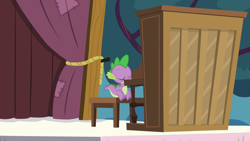 Size: 1920x1080 | Tagged: safe, screencap, spike, dragon, party pooped, curtain, eyes closed, piano, solo