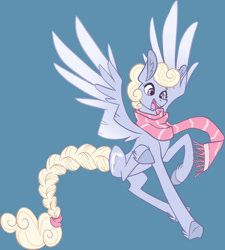 Size: 1126x1252 | Tagged: safe, artist:miaoumaou, derpibooru import, oc, oc:silver lining, pegasus, pony, blue background, braided tail, clothes, female, mare, scarf, simple background, solo