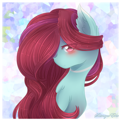 Size: 2076x2076 | Tagged: safe, artist:shimayaeiko, derpibooru import, oc, oc only, oc:aveline, earth pony, pony, abstract background, blushing, bust, chest fluff, ear fluff, eye clipping through hair, female, hair over one eye, mare, simple background, solo