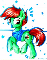 Size: 2322x2962 | Tagged: safe, artist:liaaqila, derpibooru import, oc, oc only, oc:pastel dice, earth pony, pony, clothes, commission, cute, cutie mark, fluffy, looking at you, male, red eyes, shirt, smiling, solo, stallion, stars, traditional art, trotting