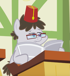 Size: 613x667 | Tagged: safe, derpibooru import, screencap, truffle shuffle, earth pony, pony, ponyville confidential, background pony, colt, cropped, fez, foal free press, glasses, hat, male, newspaper, reading, solo