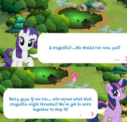 Size: 620x592 | Tagged: safe, derpibooru import, pinkie pie, rarity, twilight sparkle, cragadile, crocodile, earth pony, pony, unicorn, dialogue, everfree forest, gameloft