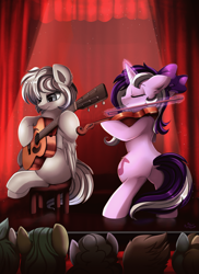 Size: 2550x3509 | Tagged: safe, artist:pridark, derpibooru import, oc, oc only, pegasus, pony, unicorn, acoustic guitar, bipedal, bow (instrument), commission, concert, crowd, magic, sitting, spotlight, stage, stool, violin, violin bow