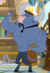 Size: 640x934 | Tagged: safe, derpibooru import, screencap, iron will, minotaur, once upon a zeppelin, captain hat, cropped, hat, male, nose piercing, nose ring, piercing, pointing, pointing at self, solo