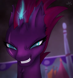 Size: 1018x1080 | Tagged: safe, artist:drarkusss0, tempest shadow, pony, unicorn, my little pony: the movie, badass, broken horn, bust, canterlot, evil grin, eye scar, faic, female, grin, mare, scar, smiling, smug, smugest shadow, solo, sparking horn