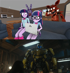 Size: 1920x2004 | Tagged: safe, artist:optimussparkle, derpibooru import, sci-twi, twilight sparkle, equestria girls, 2018, 3d, bonnie, bumblebee, bumblebee (movie), computer, crossover, five nights at freddy's, foxy, laptop computer, source filmmaker, transformers, twolight