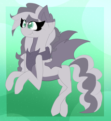 Size: 1458x1585 | Tagged: safe, artist:cottonponysfm, artist:tiz4905, oc, oc only, abstract background, art trade, bat wings, full body, green background, green eyes, grey hair, solo