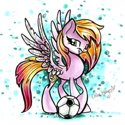 Size: 1171x1166 | Tagged: safe, artist:frostykat13, derpibooru import, oc, oc only, oc:all star, pegasus, pony, female, football, mare, smiling, sports