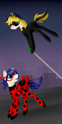 Size: 1000x2000 | Tagged: safe, artist:keisaa, pegasus, pony, chat noir, clothes, costume, cute, duo, female, male, mare, mask, miraculous ladybug, ponified, smiling, stallion