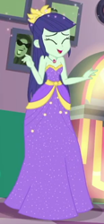 Size: 306x658 | Tagged: safe, derpibooru import, screencap, blueberry cake, better together, equestria girls, pinkie pie: snack psychic, ^^, armpits, background human, blue hair, clothes, cropped, cupcake necklace, cute, dress, eyes closed, giggling, gold trim, green skin, hair bun, jewelry, long hair, long skirt, necklace, purple dress, sleeveless, sleeveless dress, solo, sparkles, strapless, strapless dress