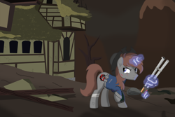 Size: 4000x2667 | Tagged: safe, artist:steampunk-brony, derpibooru import, oc, oc:steamy, pony, unicorn, fallout equestria, bandage, clothes, glowing horn, gun, hat, high res, hooves, horn, levitation, magic, male, ruins, shotgun, solo, stallion, telekinesis, vault suit, vector, wasteland, weapon