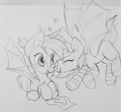 Size: 2393x2200 | Tagged: safe, artist:roaert, derpibooru import, oc, oc:dust fog, oc:flora hue, bat pony, boop, cute, flying, sitting, sketch, solo, traditional art