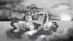 Size: 3384x1909 | Tagged: safe, artist:misstwipietwins, derpibooru import, pinkie pie, twilight sparkle, earth pony, pony, female, lesbian, looking at each other, missing cutie mark, monochrome, picnic, prone, scenery, shipping, smiling, twinkie