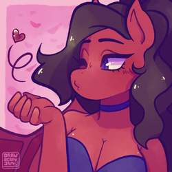 Size: 1000x1000 | Tagged: safe, artist:jamborii, derpibooru import, oc, oc:mariposa, anthro, bat pony, bat pony oc, breasts, cleavage, female, heart, kissy face, solo