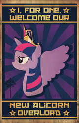 Size: 1600x2491 | Tagged: safe, artist:teslalollipop, twilight sparkle, twilight sparkle (alicorn), alicorn, pony, big crown thingy, bust, crown, i for one welcome our new overlords, jewelry, kent brockman, propaganda, regalia, solo, spread wings, wings