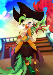 Size: 1358x1920 | Tagged: safe, artist:rariedash, derpibooru import, captain celaeno, my little pony: the movie, cloud, ear piercing, earring, hat, jewelry, mole, piercing, pirate hat, plume, raised eyebrow, ship, sky, solo