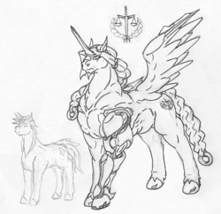 Size: 2091x2026 | Tagged: safe, artist:siegfriednox, derpibooru import, oc, oc only, oc:pietas lex, alicorn, alicorn oc, braid, braided tail, muscles, prosthetic limb, prosthetics, size comparison, traditional art