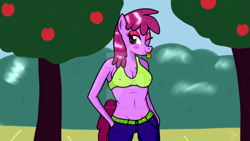 Size: 1024x576 | Tagged: safe, artist:susanzx2000, berry punch, berryshine, anthro, belly button, bra, breasts, cleavage, clothes, female, green underwear, pants, solo, sports bra, tongue out, underwear, watermark