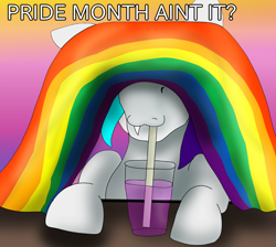 Size: 1240x1112 | Tagged: safe, artist:chaosmauser, derpibooru import, oc, oc only, oc:chaosmauser, pony, drink, drinking, drinking straw, fangs, floppy ears, gay pride, gay pride flag, gradient background, hiding face, male, pride, pride flag, pride month, sipping, smiling, solo