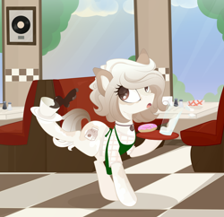 Size: 3708x3591 | Tagged: safe, artist:xsatanielx, derpibooru import, oc, oc only, apron, clothes, coffee, cup, donut, food, milk, rcf community, solo, tray, waitress