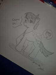 Size: 960x1280 | Tagged: safe, artist:inkgamer, derpibooru import, oc, oc only, pegasus, pony, male, one eye closed, solo, speech bubble, stallion, traditional art, wink