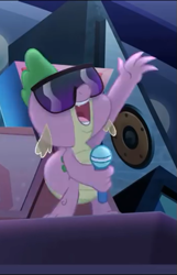 Size: 347x540 | Tagged: safe, derpibooru import, screencap, spike, dragon, my little pony: the movie, cropped, glasses, male, mc spike, microphone, sunglasses