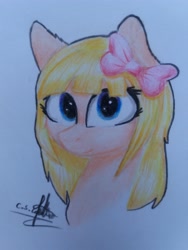 Size: 3096x4128 | Tagged: safe, artist:ironbeastz, derpibooru import, oc, oc:snow flake, pony, bow, bust, female, hair bow, mare, portrait, solo, traditional art