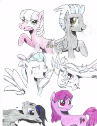 Size: 1680x2186 | Tagged: safe, artist:sixes&sevens, derpibooru exclusive, derpibooru import, berry punch, berryshine, cheerilee, cloudchaser, flitter, rumble, thunderlane, pony, colored pencil drawing, traditional art